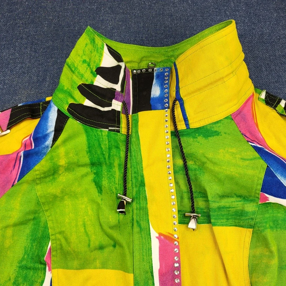 Berek Abstract Art Zip Up Jacket XL Yellow Green Rhinestone Bell Sleeve Cotton